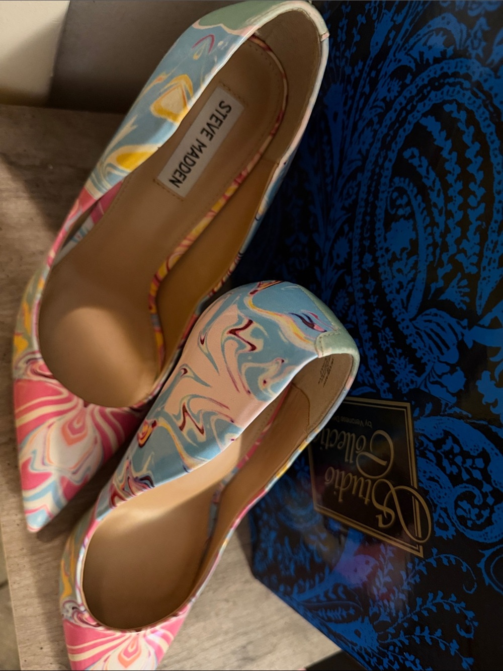 Steve Madden Marbled Pointed-Toe Heels in Pastel Pink, Blue & Yellow